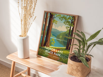 Radnor Lake State Park, Nashville, Tennessee Poster | Woodland Lake Serenity Travel Wall Art — styled in a modern interior