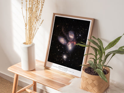 Framed Stephan's Quintet JWST wall art hanging on a white wall in a modern living room