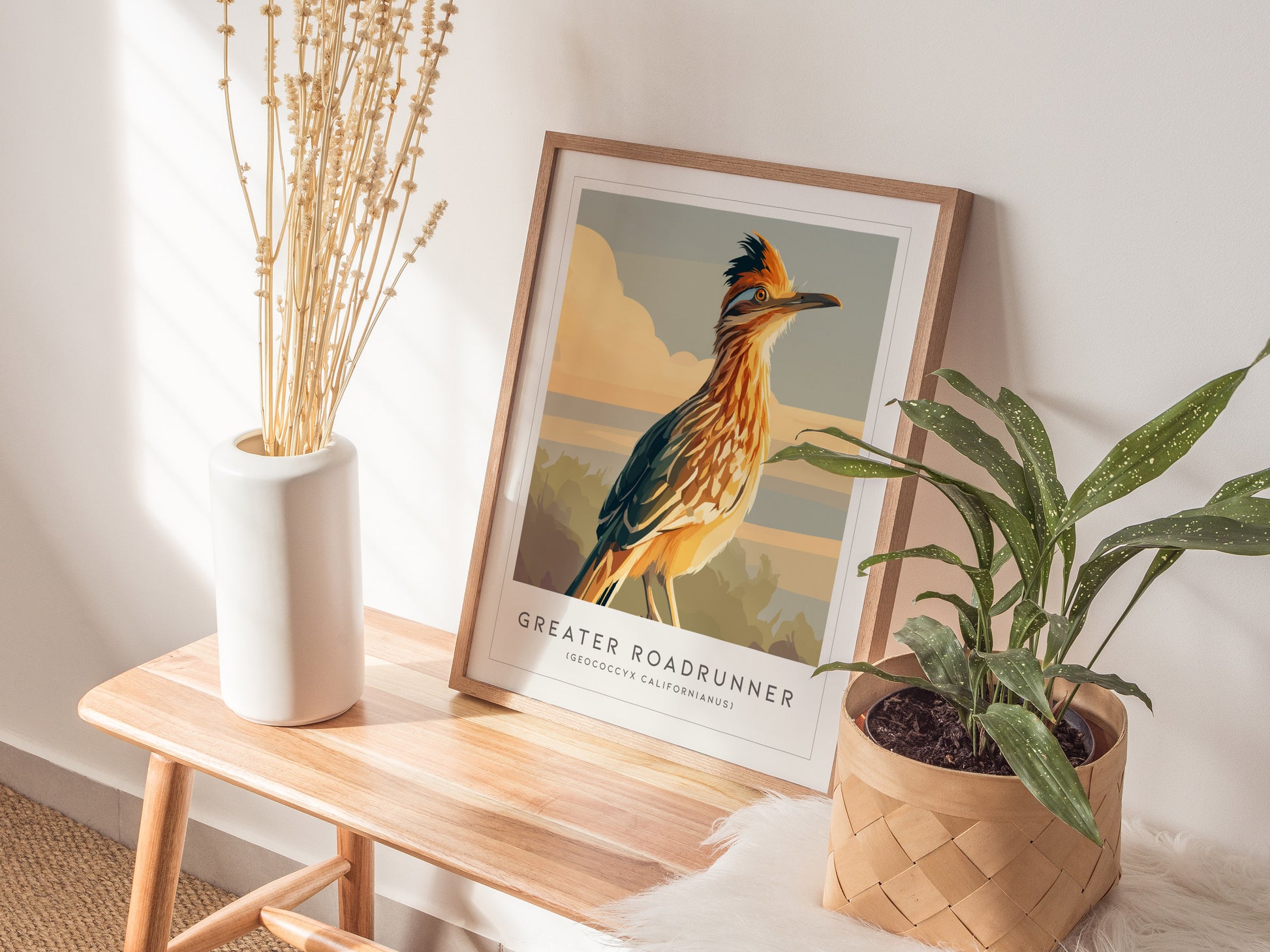 Greater Roadrunner Poster | Desert Bird & Cactus Southwest Wall Art — styled in a modern interior