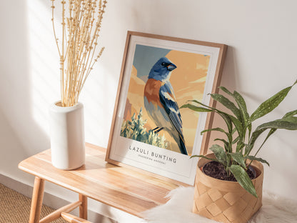 Lazuli Bunting, Passerina amoena Poster | Vibrant Songbird Nature Poster Wall Art — styled in a modern interior