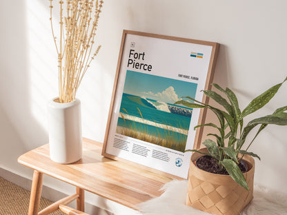 A framed Fort Pierce poster featuring a coastal scene with blue skies and ocean waves rests on a wooden bench, accompanied by a white vase with dried flowers and a.