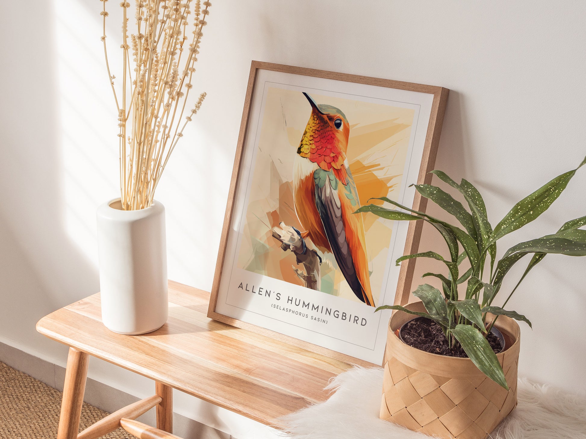 Allen's Hummingbird Poster | Jeweled Garden Pollinator Fine Wall Art — styled in a modern interior