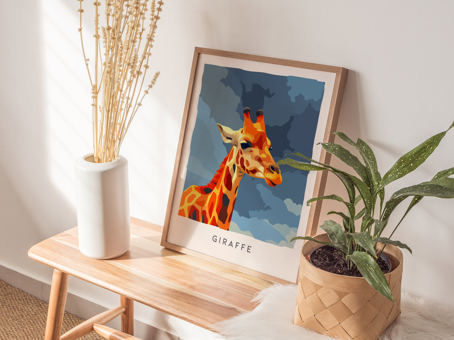 Neon Giraffe Pop Art Poster | Retro 80s Safari Wall Art Print — styled in a modern interior