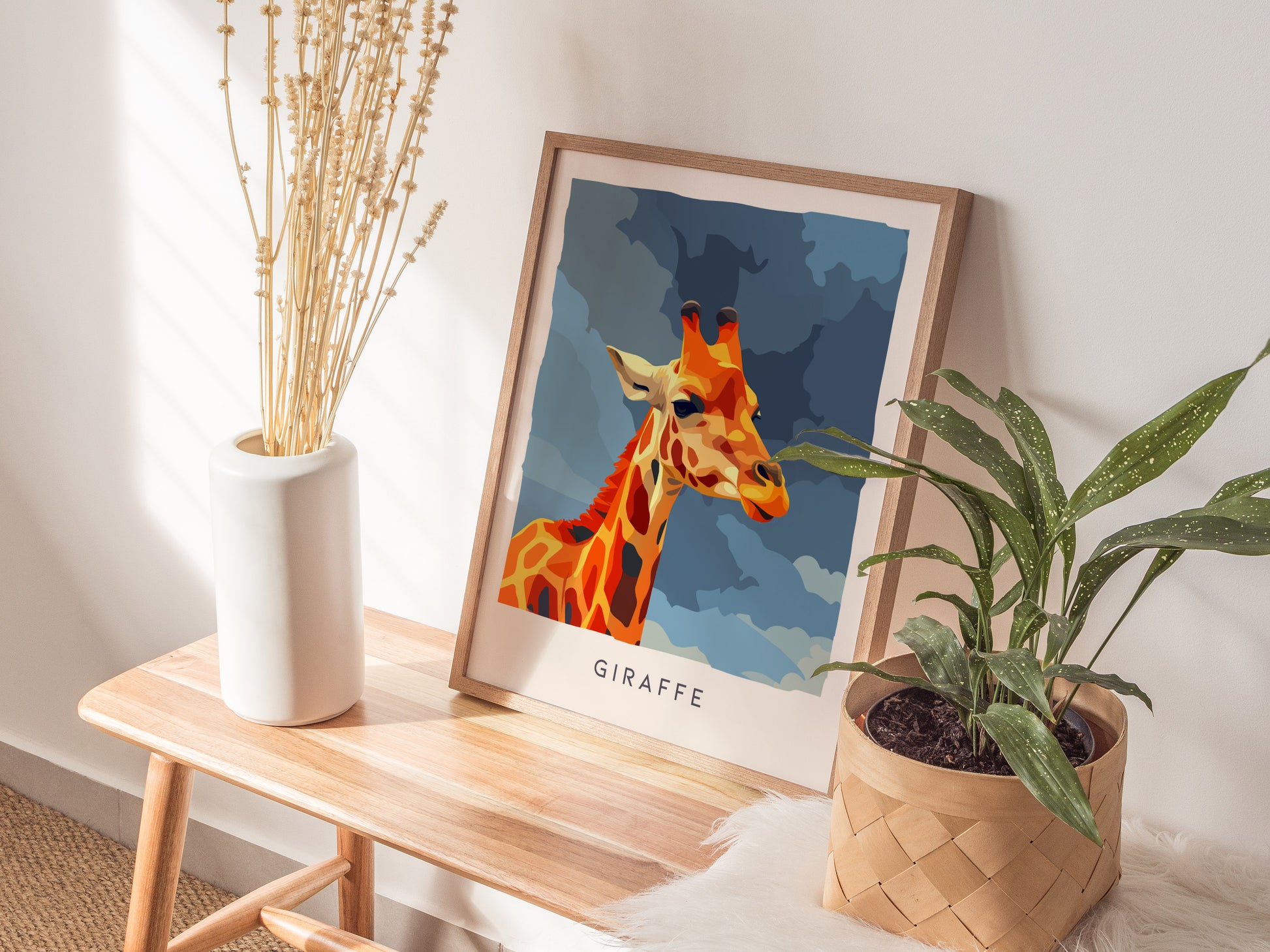 Neon Giraffe Pop Art Poster | Retro 80s Safari Wall Art Print — styled in a modern interior