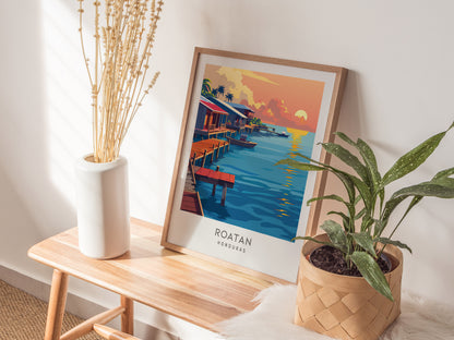 Roatan Matte Border Poster | Honduras Tropical Beach Print Travel Wall Art — styled in a modern interior