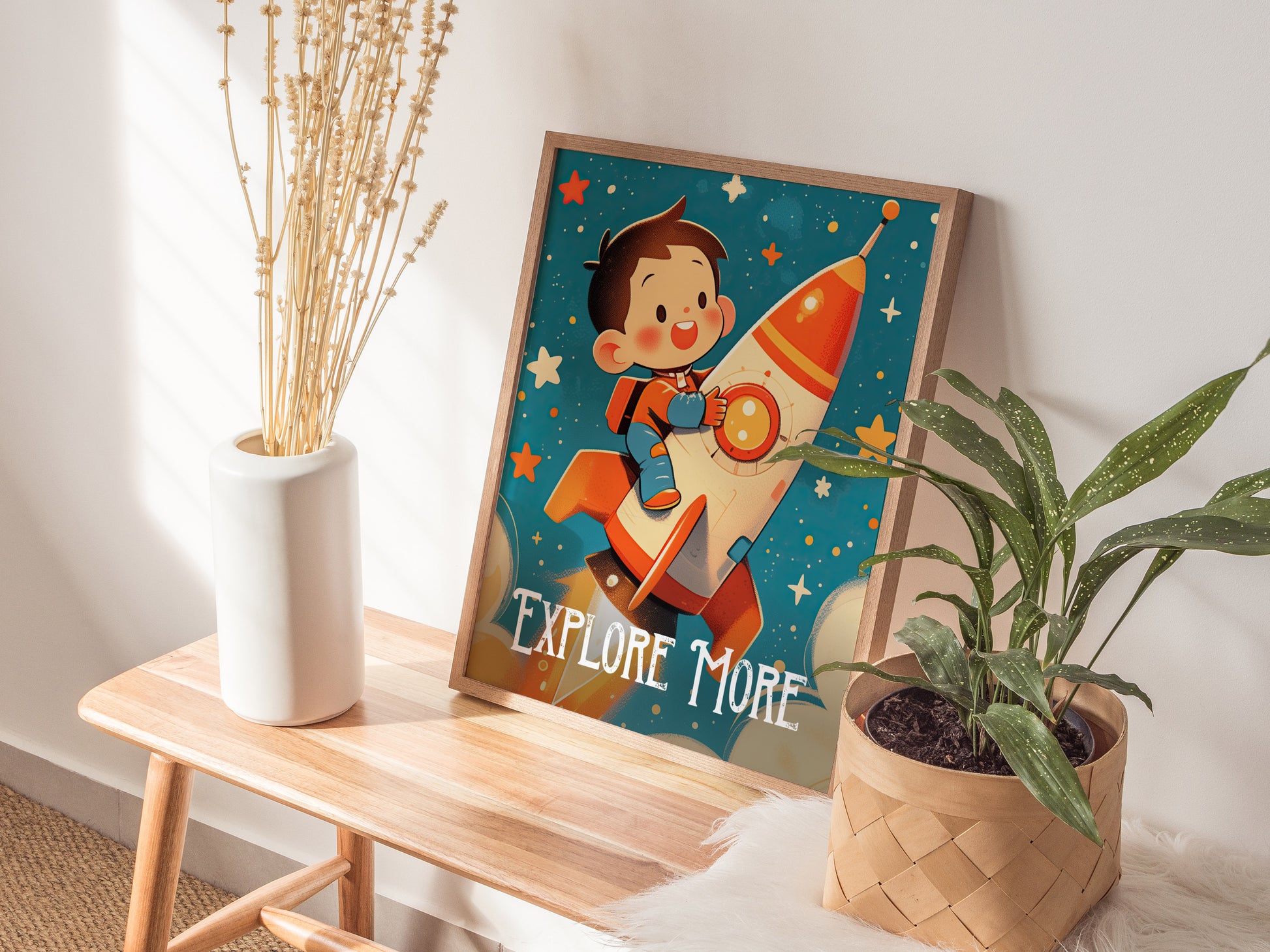 Explore More Poster | Kids Room Astronaut Space Theme Wall Art | Framed or Unframed