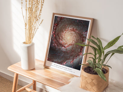 Natural wood framed Whirlpool Galaxy M51 space print leaning on a shelf next to plants and neutral accessories