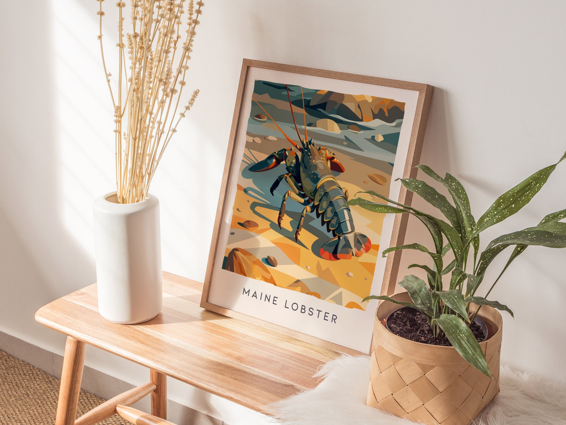 Maine Lobster Poster | Rugged Coast Lobster Wildlife Wall Art — styled in a modern interior