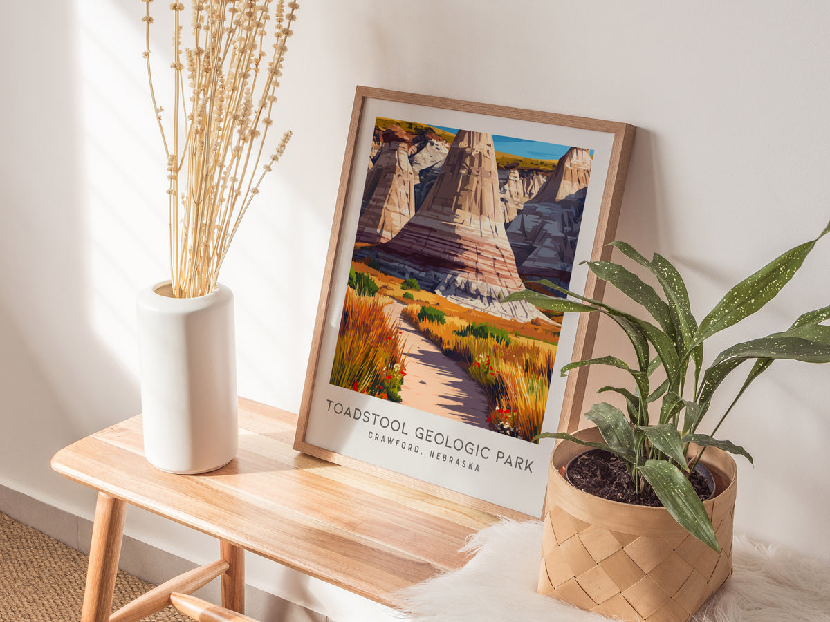 Toadstool Geologic Park Matte Border Poster | Crawford, Nebraska Travel Wall Art — styled in a modern interior