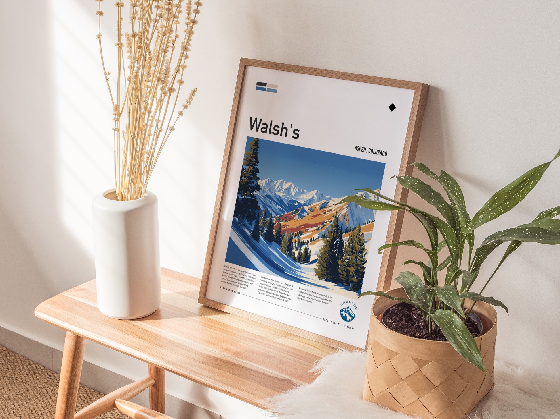 Walsh's, Aspen Poster | Fresh Powder Mountain Ski Run Wall Art — styled in a modern interior