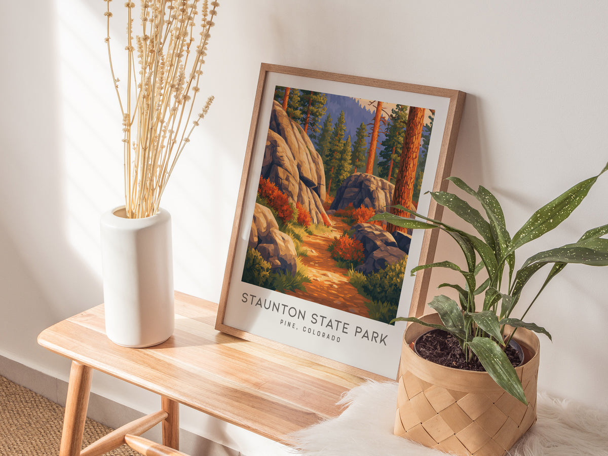 Staunton State Park Matte Border Poster | Pine, Colorado Destination Print Travel Wall Art — styled in a modern interior