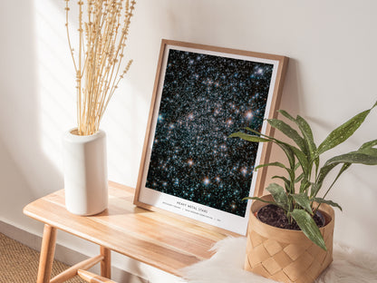 Natural wood framed Heavy Metal Stars NASA print displayed on a shelf beside plants and neutral accessories