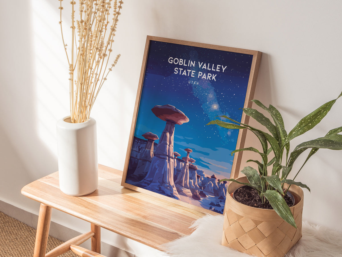 Goblin Valley State Park, Utah Poster | Desert Adventure Framed or Unframed Wall Art — styled in a modern interior