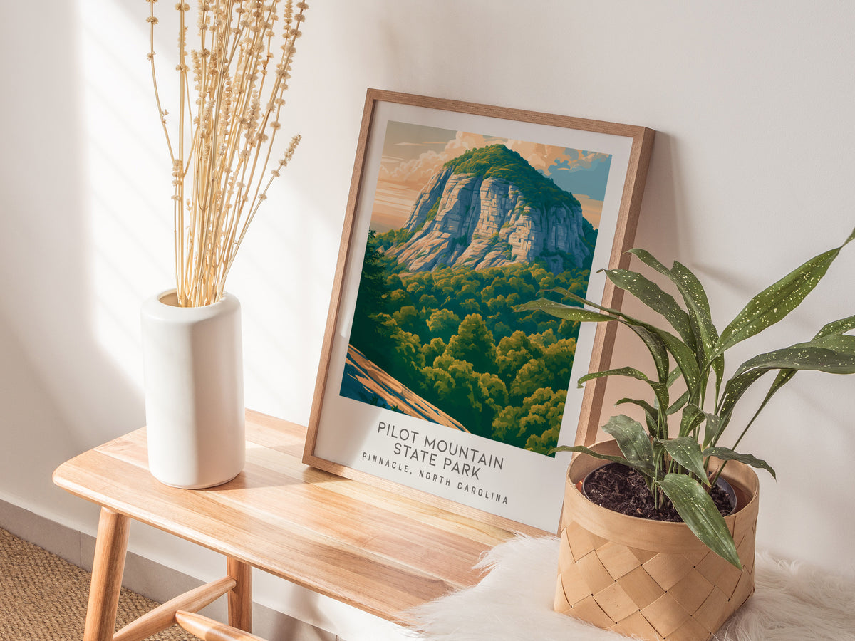 Pilot Mountain State Park Matte Border Poster | Pinnacle, North Carolina Destination Print — styled in a modern interior