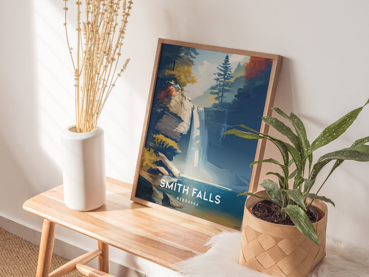 Smith Falls, Nebraska Poster | Waterfall Adventure Destination Print Wall Art — styled in a modern interior