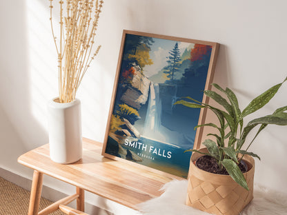 Smith Falls, Nebraska Poster | Waterfall Adventure Destination Print Wall Art — styled in a modern interior