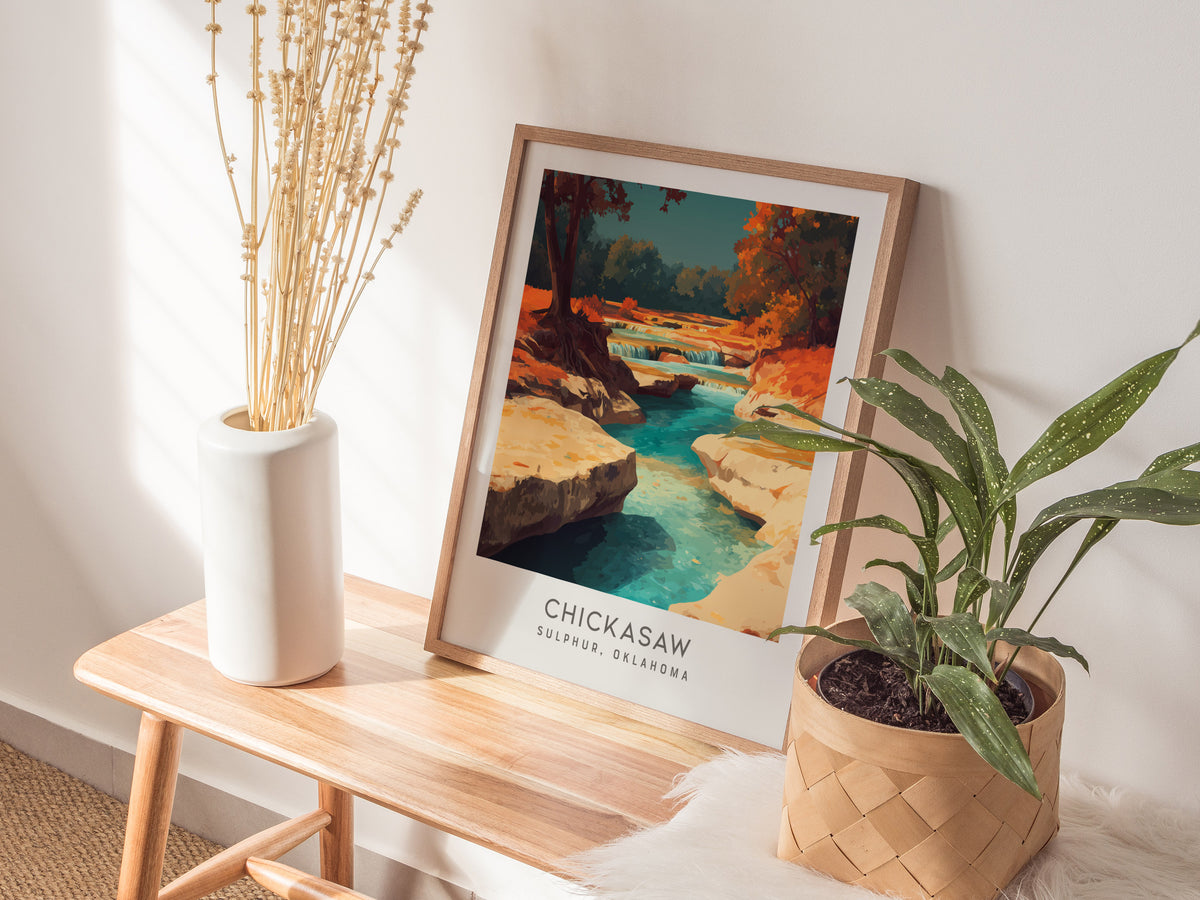 Chickasaw Matte Border Poster | Sulphur, Oklahoma Destination Print — styled in a modern interior
