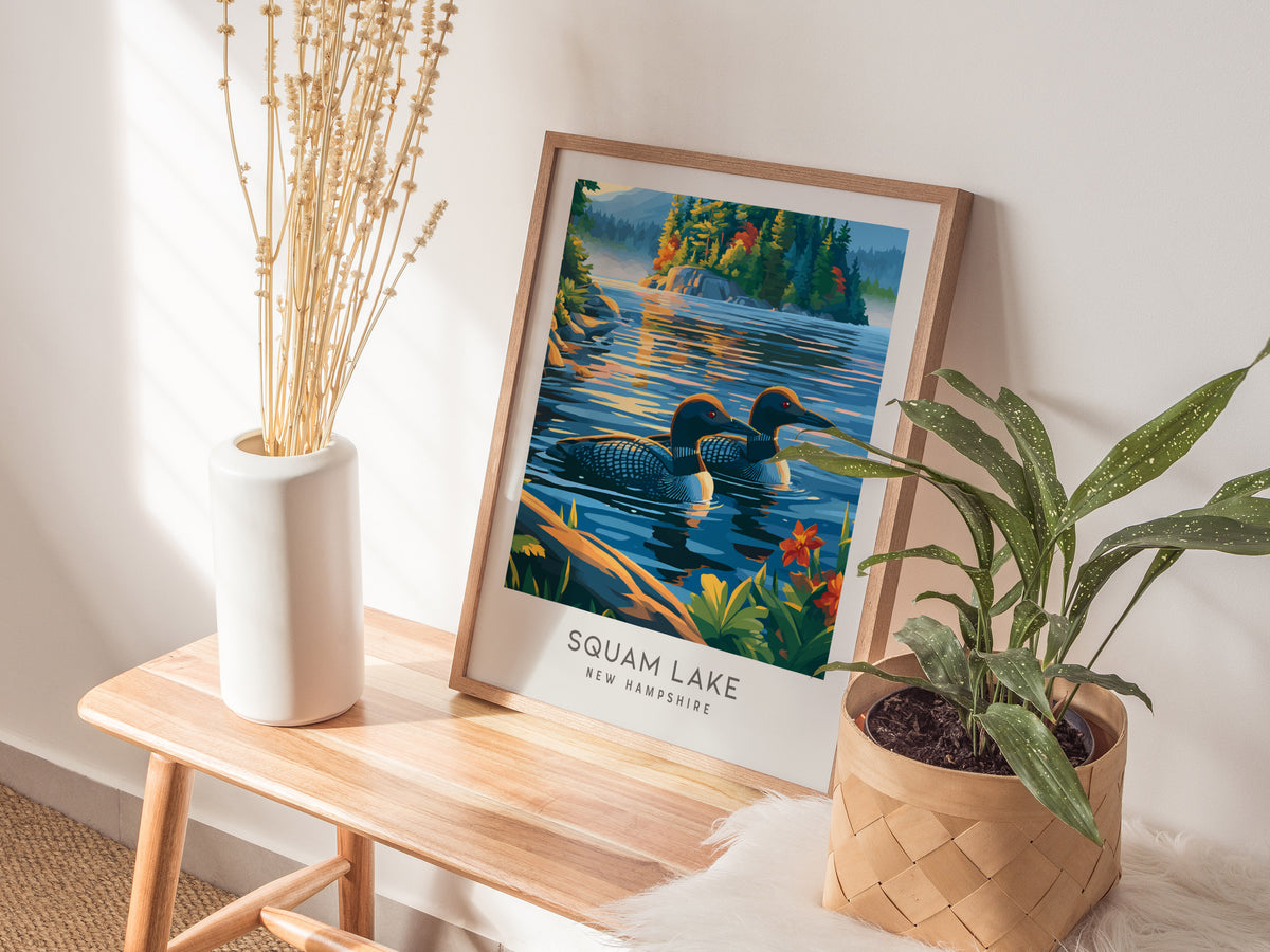 Squam Lake Matte Border Poster | New Hampshire Vacation Wall Art — styled in a modern interior