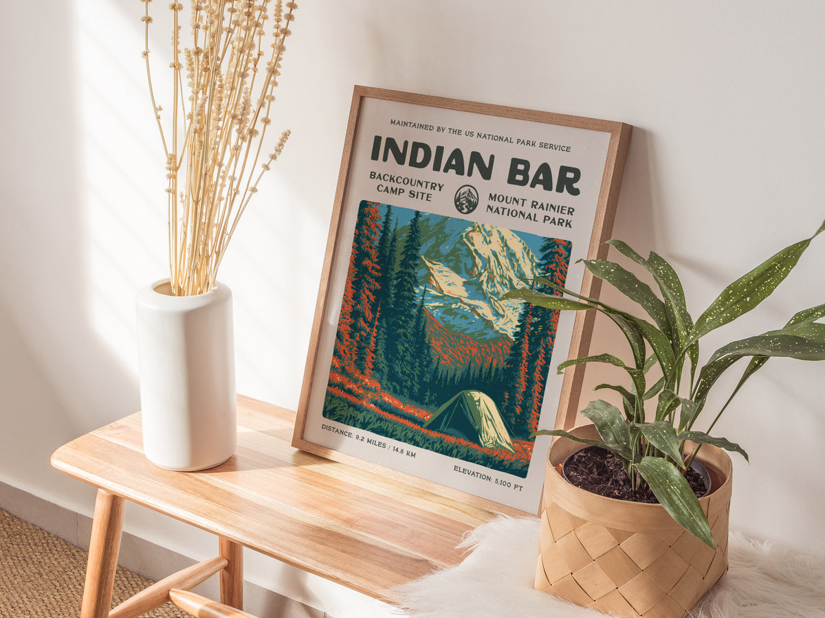Indian Bar, Mount Rainier National Park Poster | Hiker Gift | Backcountry Trail Wall Art — styled in a modern interior