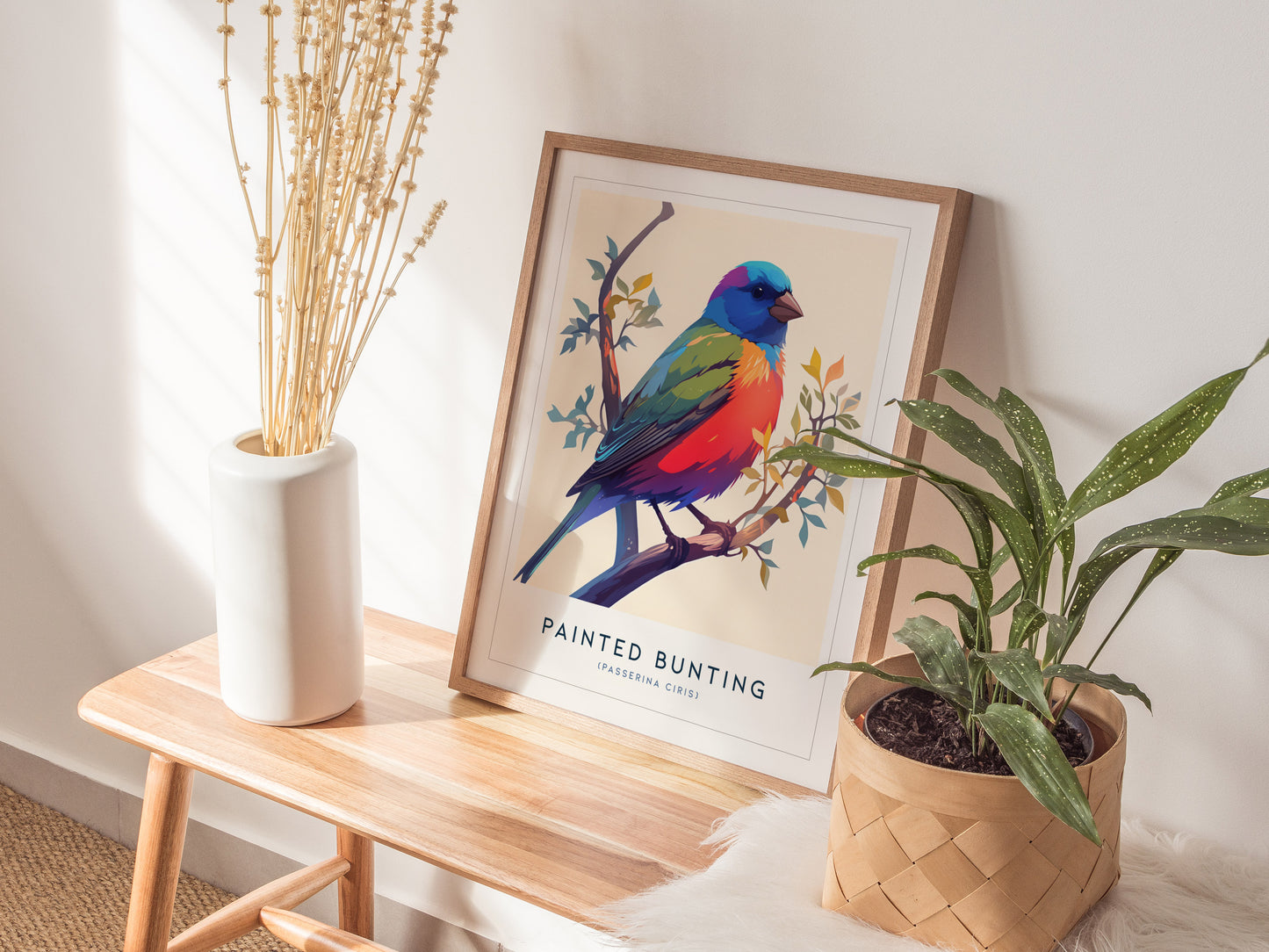 Vibrant Painted Bunting art print featuring a colorful bird perched on a branch, perfect wildlife art for nature lovers' decor.
