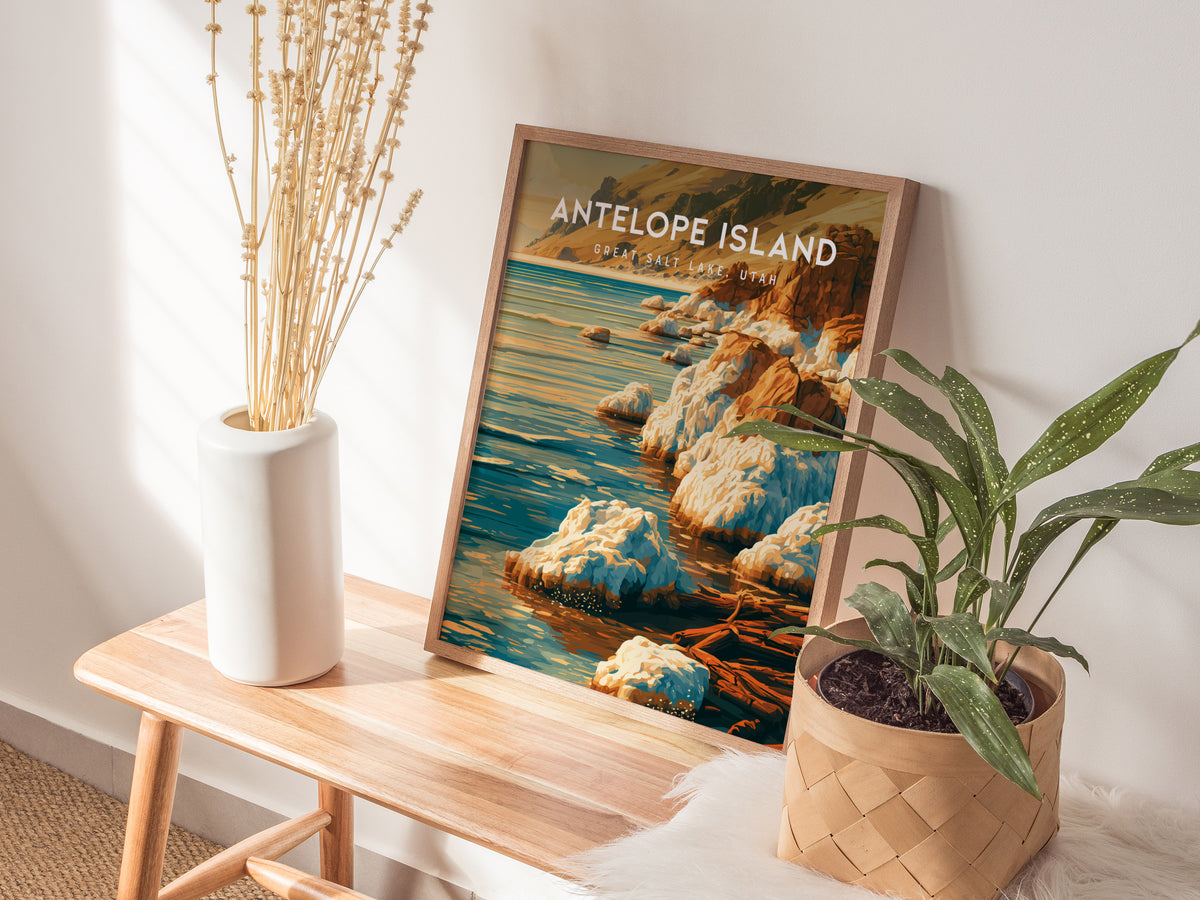 Antelope Island Poster | Great Salt Lake, Utah Framed or Unframed Travel Gift Wall Art — styled in a modern interior