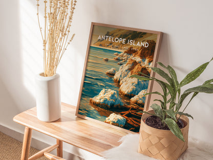 Antelope Island Poster | Great Salt Lake, Utah Framed or Unframed Travel Gift Wall Art — styled in a modern interior