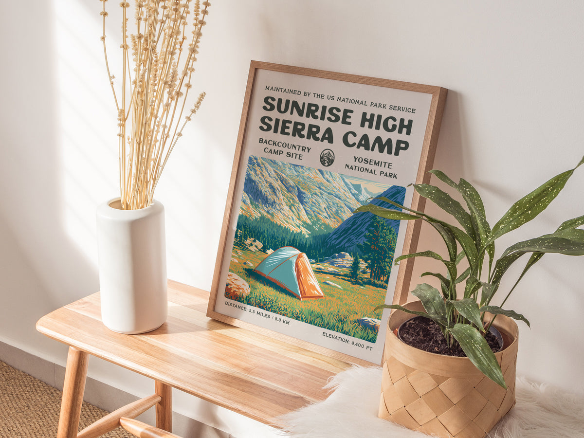 Sunrise High Sierra Camp, Yosemite National Park Poster | Backpacker Gift | Backcountry Trail Wall Art — styled in a modern i