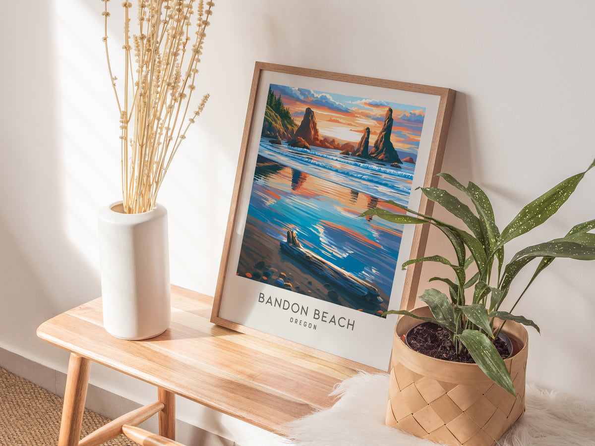Bandon Beach Matte Border Poster | Oregon Coastal Beach Decor — styled in a modern interior