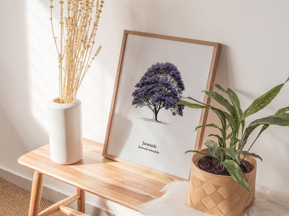 Jacaranda Poster | Vintage Jacaranda mimosifolia Botanical Illustration Wall Art — styled in a modern interior