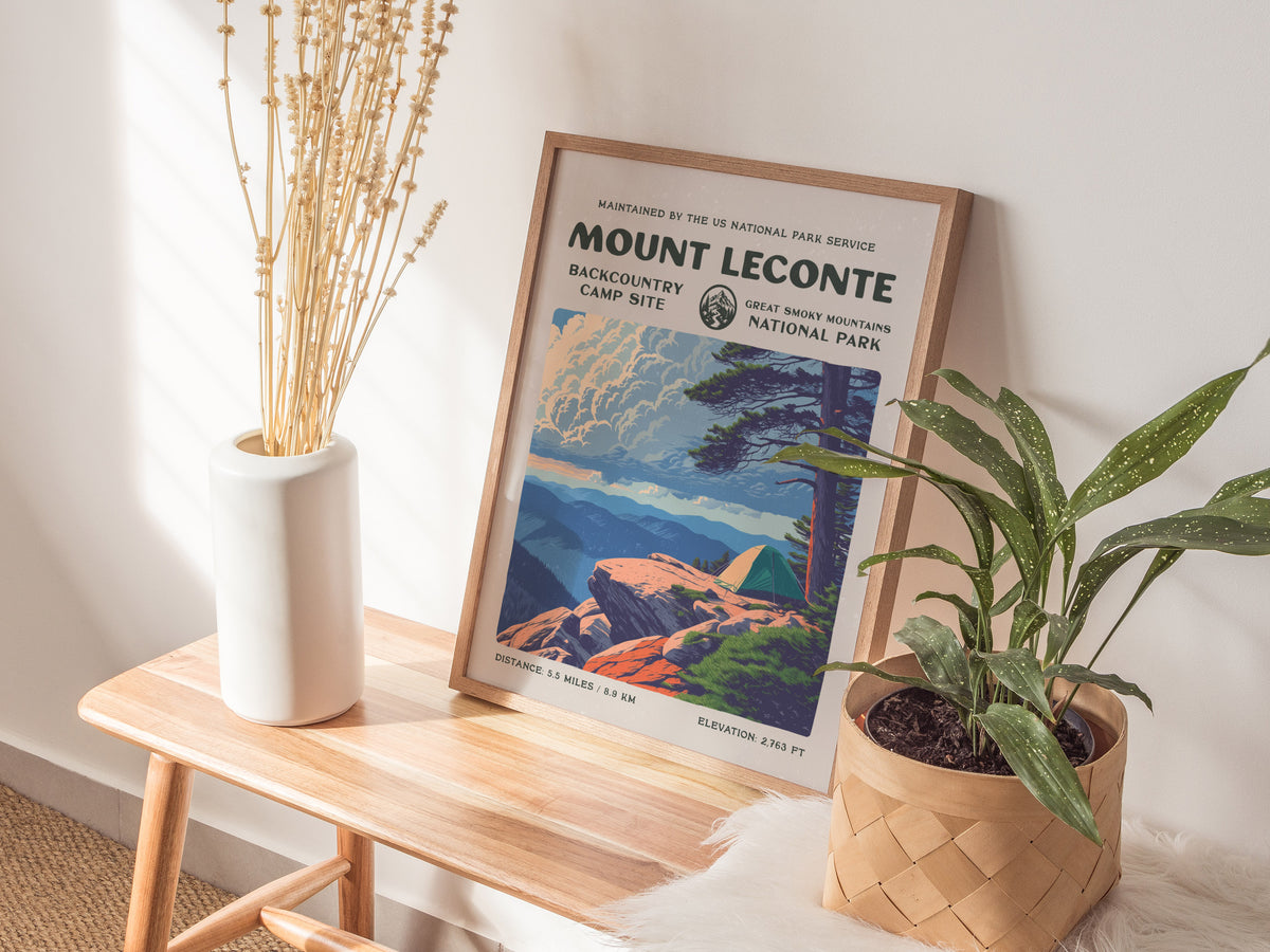 Mount LeConte, Great Smoky Mountains National Park Poster | Hiker Gift | Backcountry Trail Wall Art — styled in a modern inte