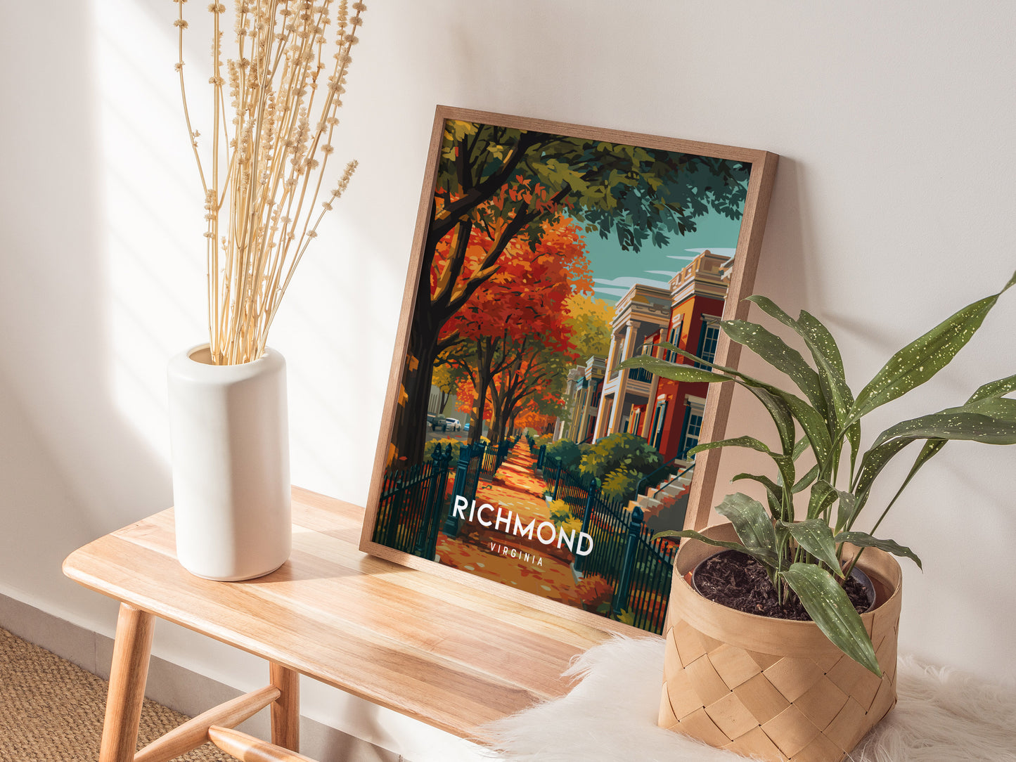 Richmond, Virginia Poster | Historic River City Skyline Travel Wall Art — styled in a modern interior