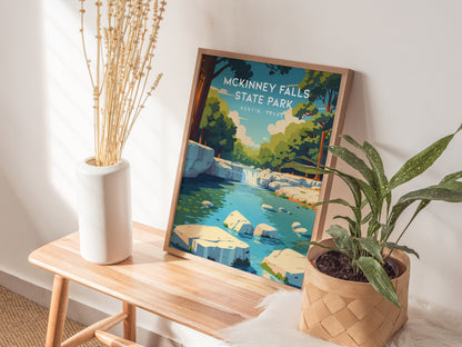 McKinney Falls State Park, Austin, Texas Poster | Waterfall & Creek Nature Wall Art — styled in a modern interior