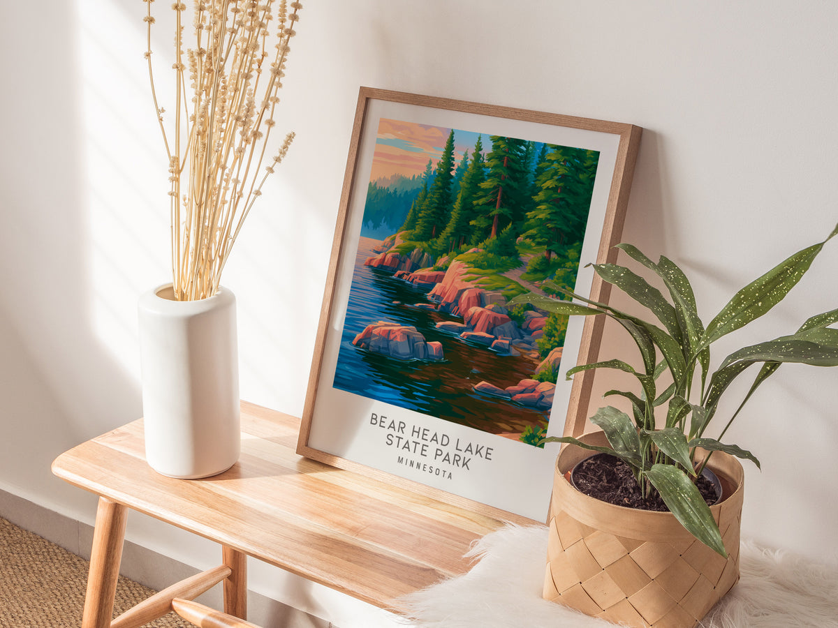 Bear Head Lake State Park Matte Border Poster | Minnesota Destination Print Travel Wall Art — styled in a modern interior