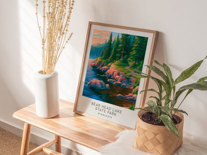 Bear Head Lake State Park Matte Border Poster | Minnesota Destination Print Travel Wall Art — styled in a modern interior