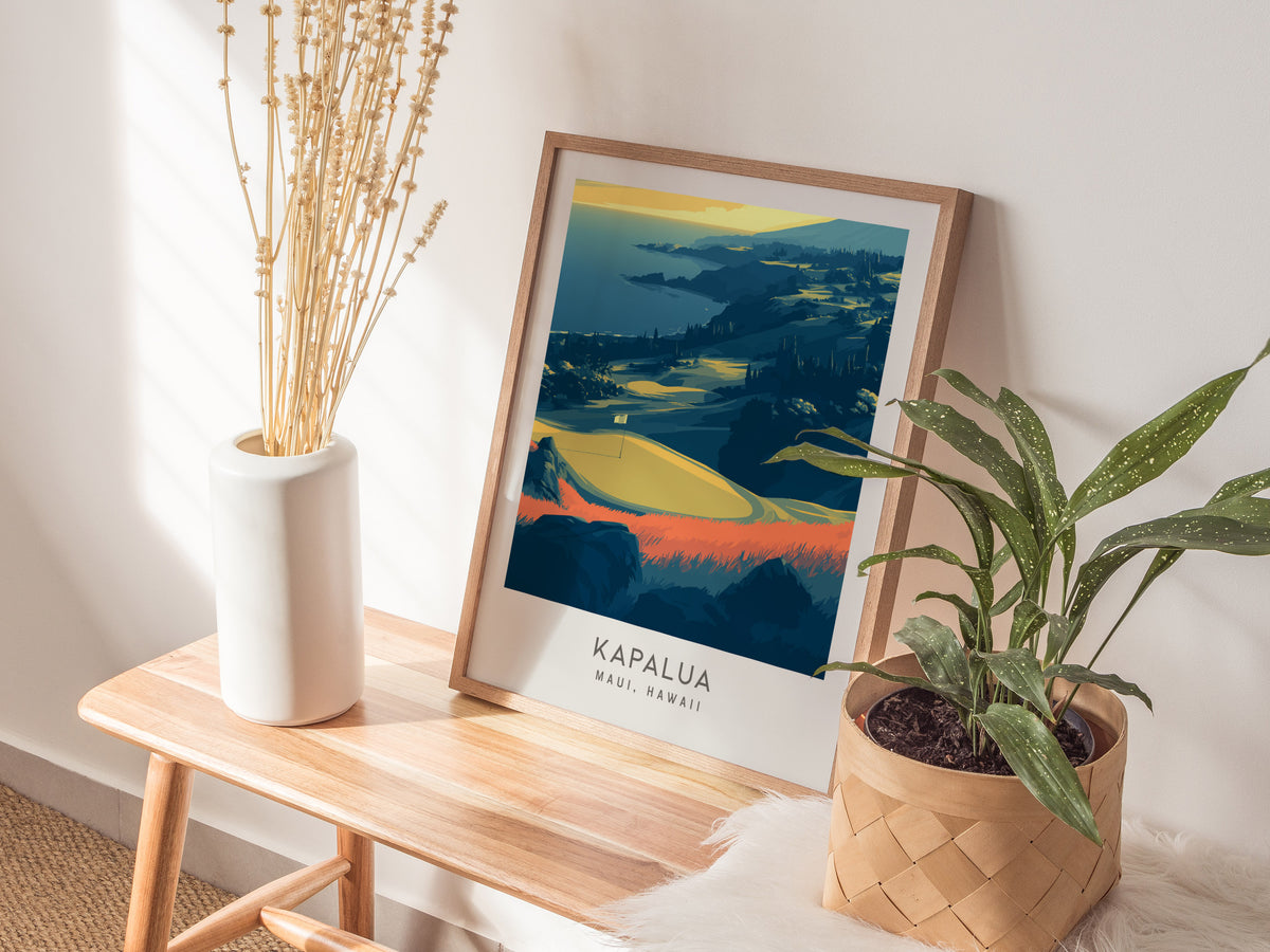Kapalua Matte Border Poster | Maui, Hawaii Golf Course Print Travel Wall Art — styled in a modern interior