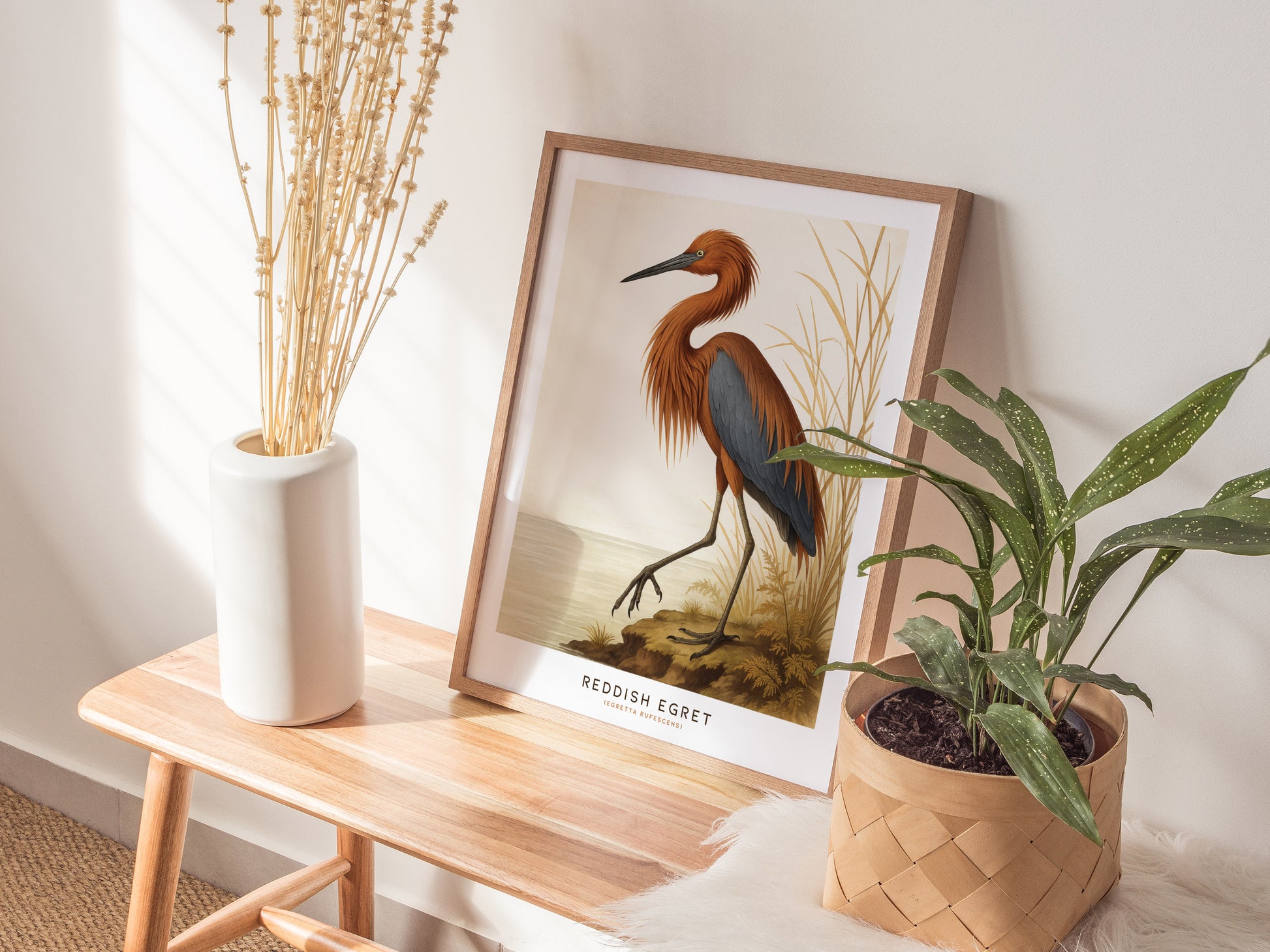 A framed poster featuring a reddish egret is propped on a wooden bench, accompanied by a white vase with dried stems and a potted plant. The wall art adds a natural touch to the cozy setting.