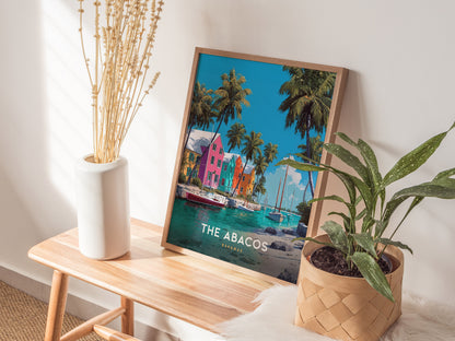 Vibrant poster of The Abacos, Bahamas, featuring colorful waterfront buildings, palm trees, and boats in a serene tropical scene.