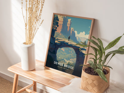 A framed Devils Bridge poster rests on a wooden bench beside a white vase with dried flowers and a potted green plant, creating a serene, natural aesthetic.