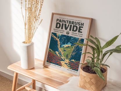Paintbrush Divide, Grand Teton National Park Poster | Hiker Gift | Backcountry Trail Wall Art — styled in a modern interior