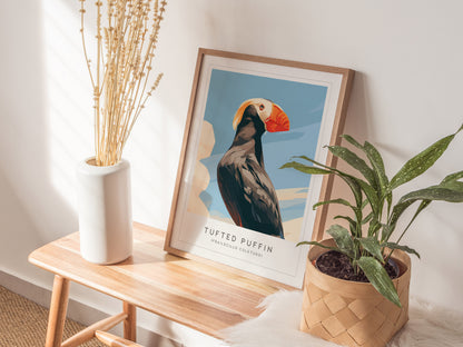 Tufted Puffin, Frailecillo Coletudo Poster | Bold Seabird Wildlife Print Wall Art — styled in a modern interior