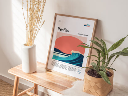 A framed Trestles surfer poster with vibrant wave art leans against a wall on a wooden bench, accompanied by a white vase with dried stems and a potted green plant.