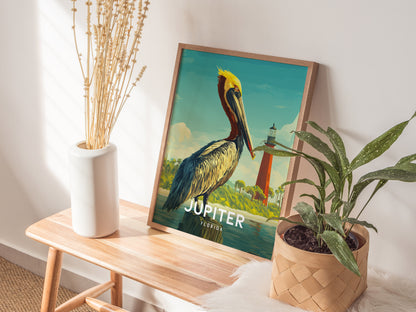 Framed artwork of a pelican with a lighthouse on a wooden table with plants.