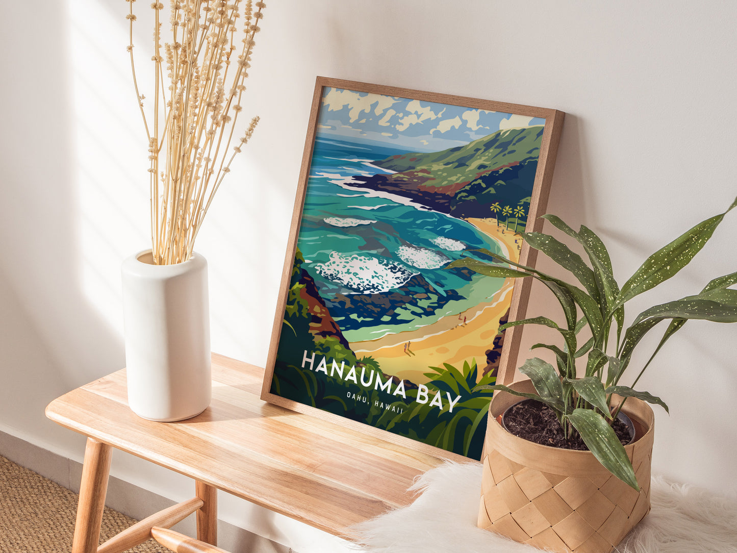 Hanauma Bay Framed Poster, Oahu Snorkeling Beach Wall Art, Hawaii Diving Travel Print, Hawaiian Tropical Home Decor