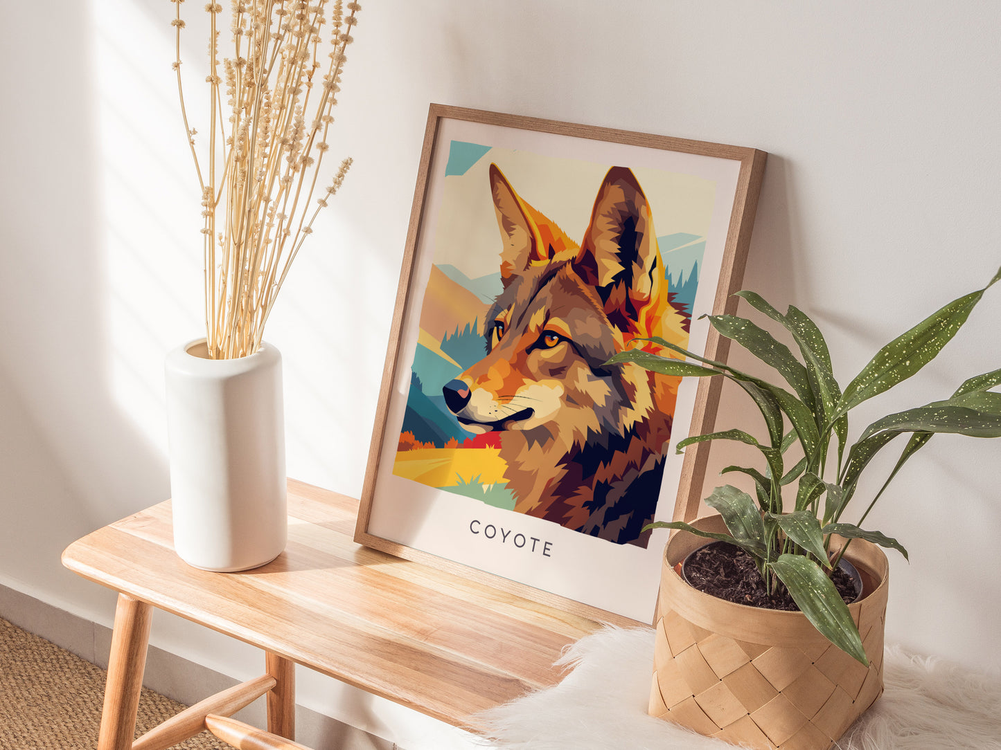 Coyote Poster | Wild Spirit of the Open West Wall Art — styled in a modern interior