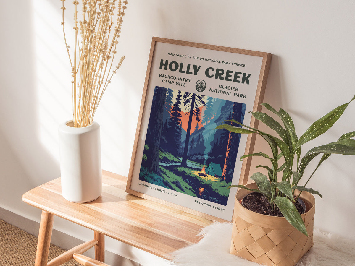 Holly Creek, Glacier National Park Poster | Hiker Gift | Backcountry Trail Wall Art — styled in a modern interior