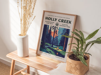 Holly Creek, Glacier National Park Poster | Hiker Gift | Backcountry Trail Wall Art — styled in a modern interior