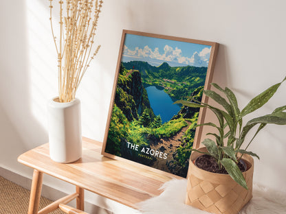 Framed poster of The Azores on a wooden table with plants and a vase.