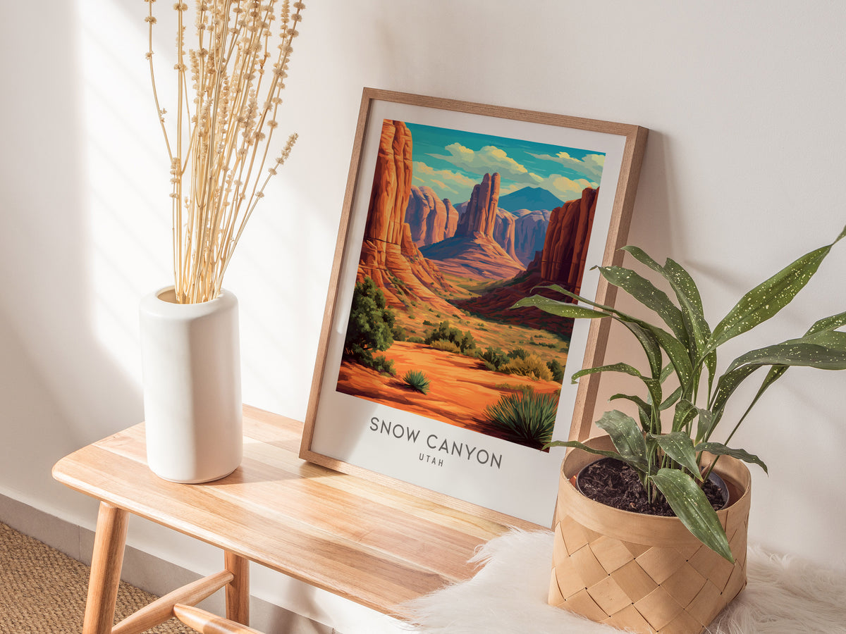 Snow Canyon Matte Border Poster | Utah Travel Wall Art — styled in a modern interior