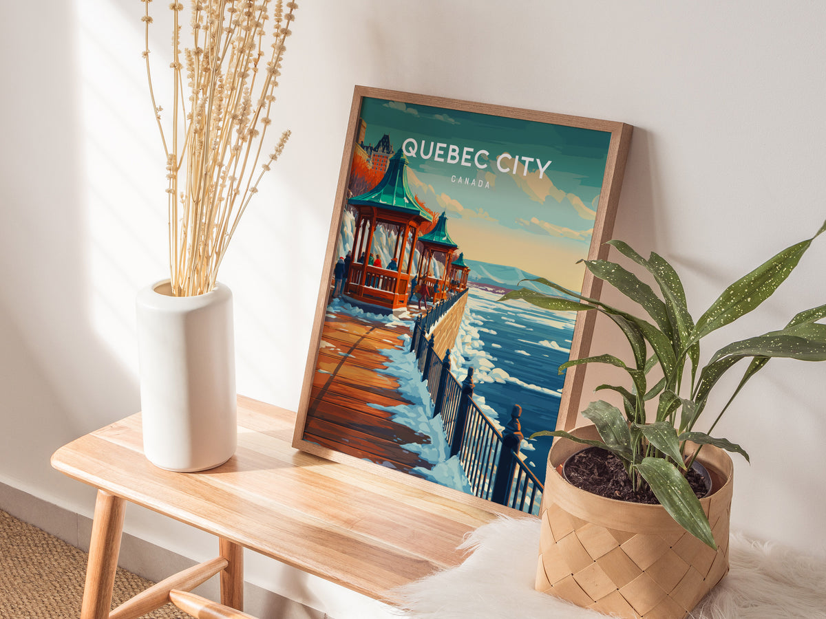 Quebec City, Canada Poster | Old World Charm Cobblestone Streets Wall Art — styled in a modern interior