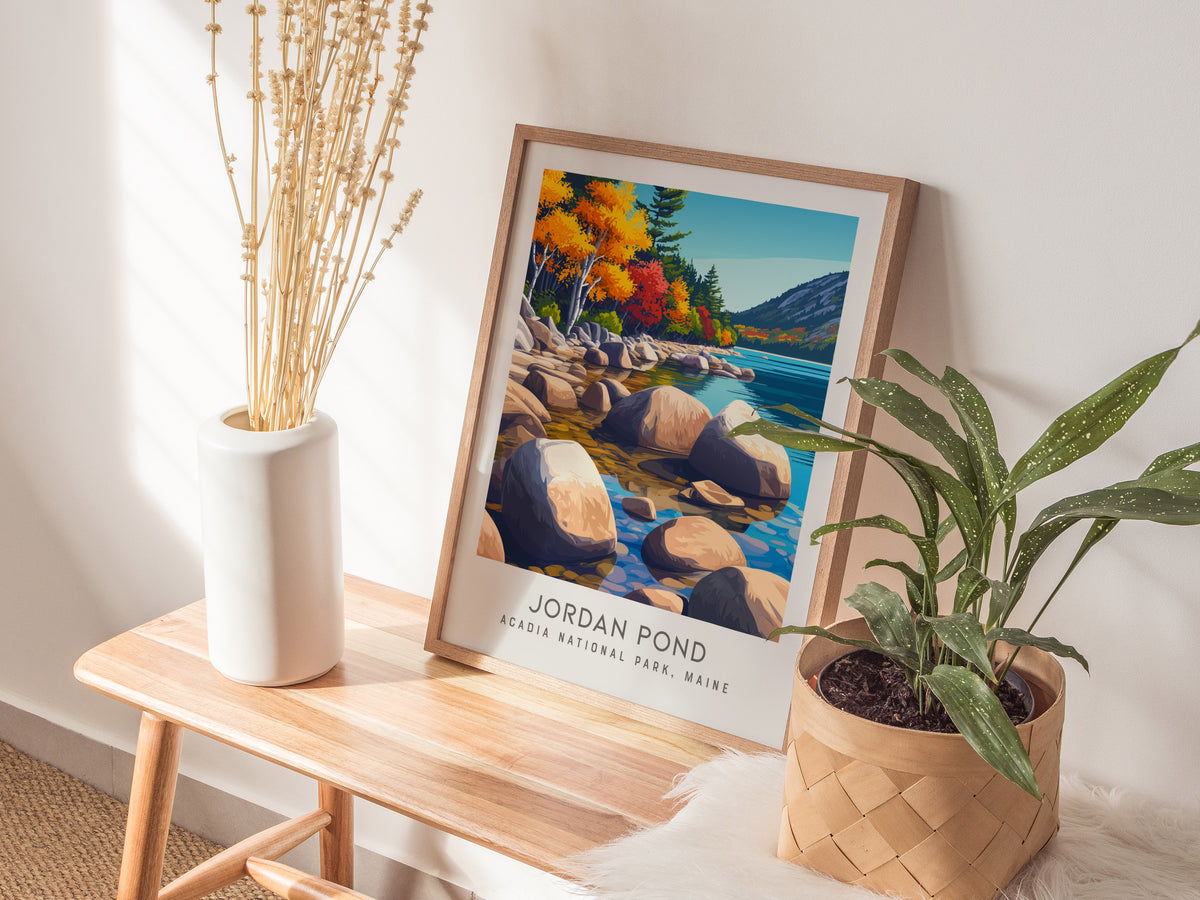 Jordan Pond Matte Border Poster | Acadia National Park, Maine Destination Print — styled in a modern interior